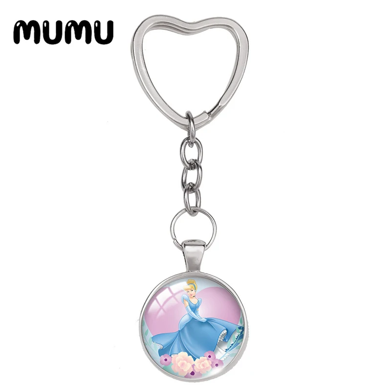 2024 New Cinderella Heart Keyring Princess Keychain Glass Dome Cabochon Jewelry Gifts Children