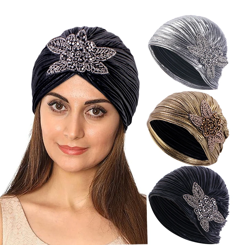 New Women luxury  Metallic Shinny Ruffle Turban Head Wrap With Beaded Flower Lady Chemo Bandanas Hijab hair Accessories