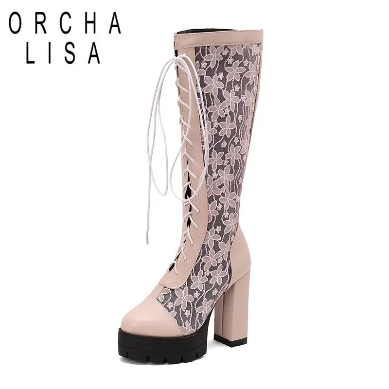 

ORCHA LISA 2025 New Fashion Knee High Boots for Women Round Toe Block Heel 12cm Platform 4cm Zipper Lace Up Mixed Color 48 49 50