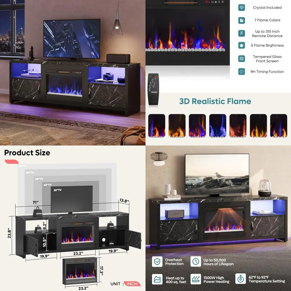 

70 Electric Fireplace TV Stand, Modern Entertainment Center, Storage Cabinets, LED Lights, Open Shelf for TVs up to 75
