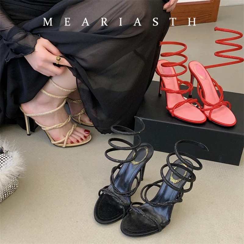 

2026 Summer Open Toed Luxury Rhinestones Snake Coiled Ankle Strap Stiletto Heel Women Gladiator Sandals Party Banquet Prom Shoes