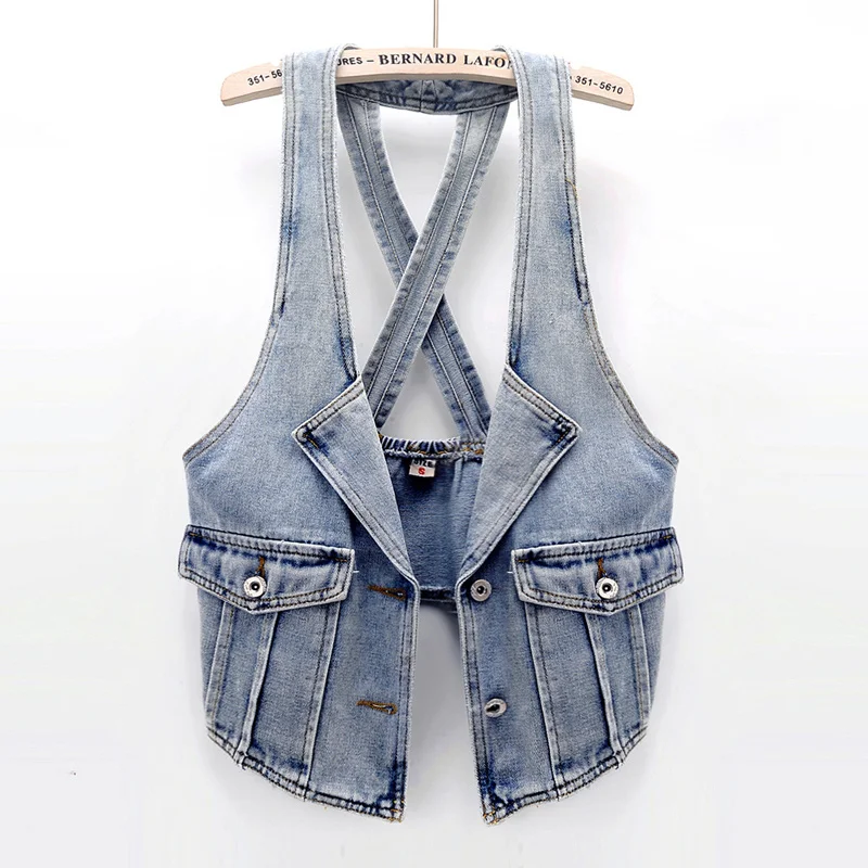 Spring Summer 2024 Vintage Washed Light Blue Women Denim Vest Korean Slim Casual Female Big Pocket Sleeveless Jeans Waistcoat