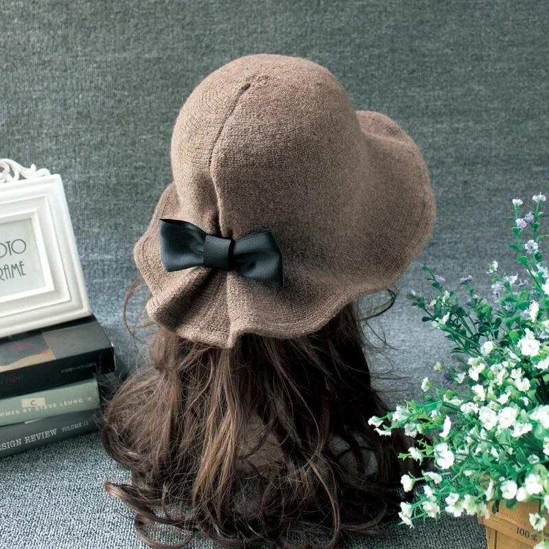 Vintage Wool Bucket Hats Winter Black Coffee Camel Hat Women Trendy Bows Basin Fisherman Hat Ladies Winter Fashion Accessories