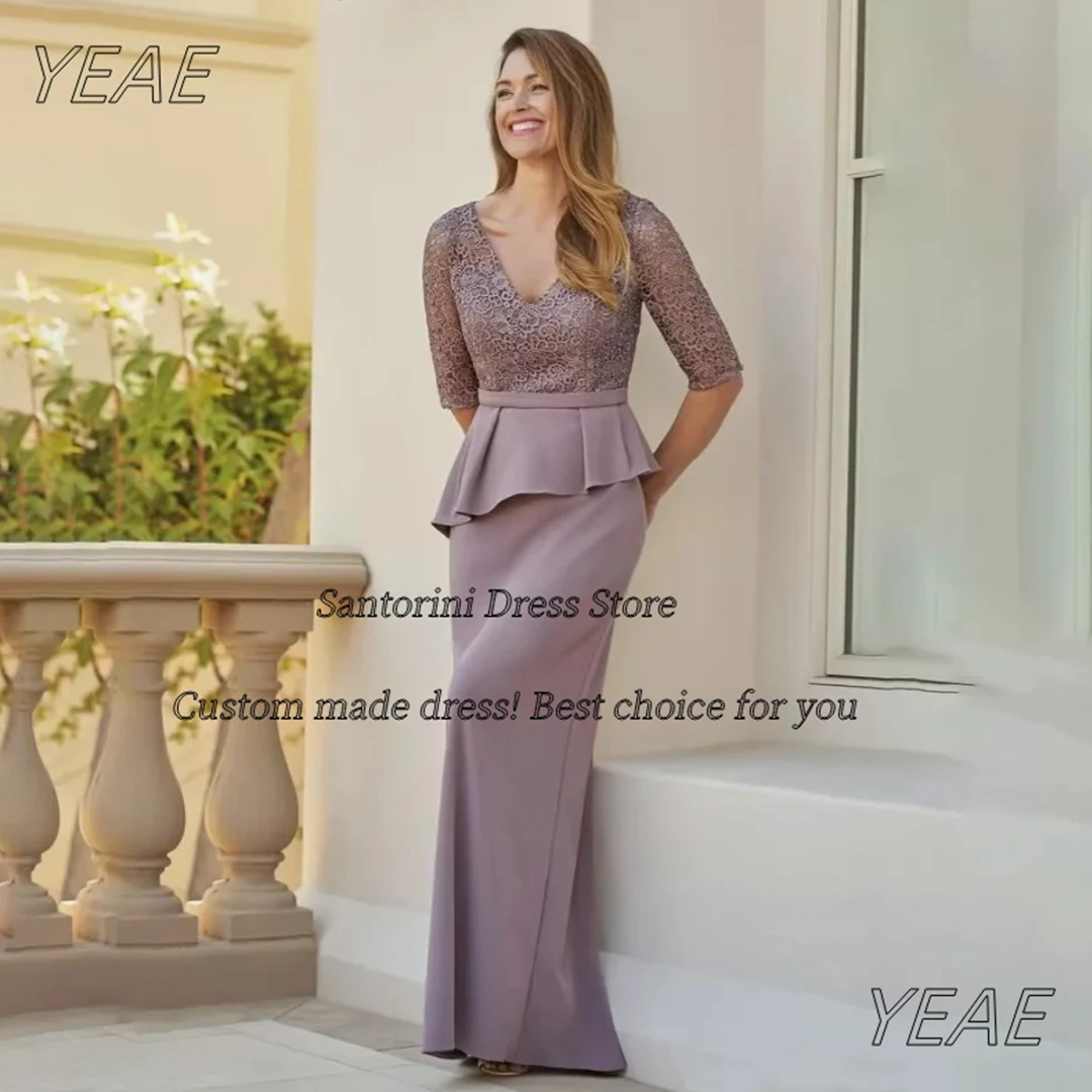 

Santorini Lace Three Quarter V Neck Evening Dresses with Peplum Zipper Back Slit Bespoke Prom Party Gowns Customized