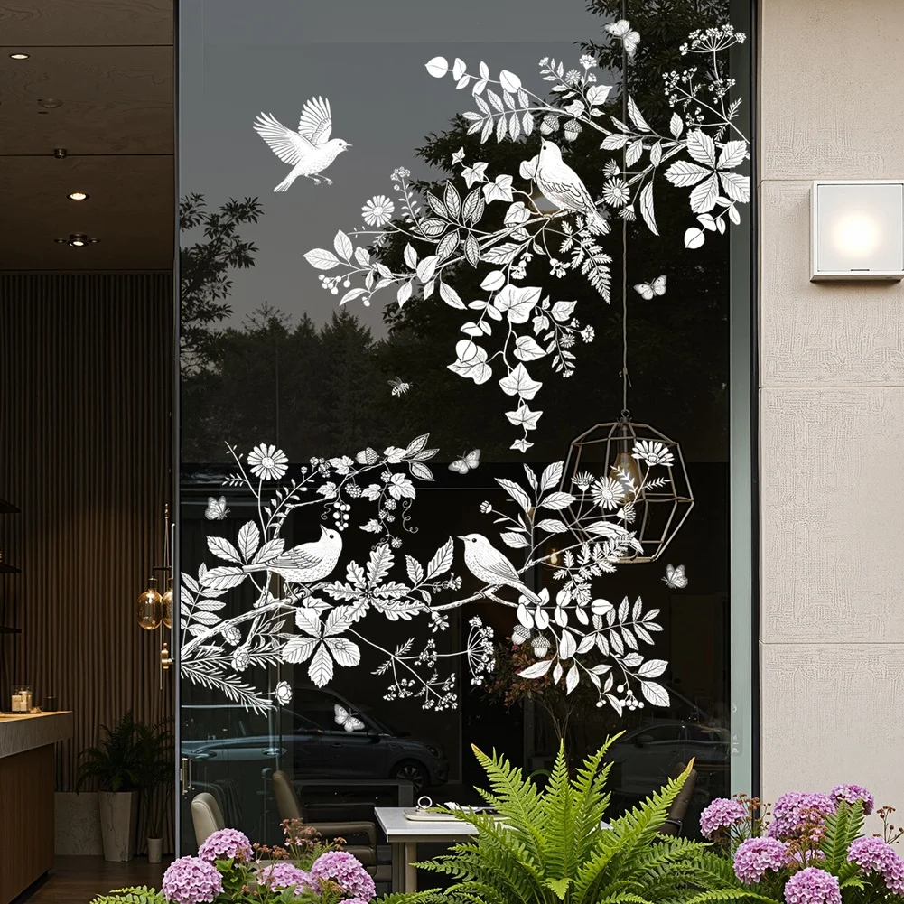 White Floral Bird Leaf Pattern Double Sided Static Cling Sticker for Glass Walls Smooth Surfaces 27.5 x 24.8 in
