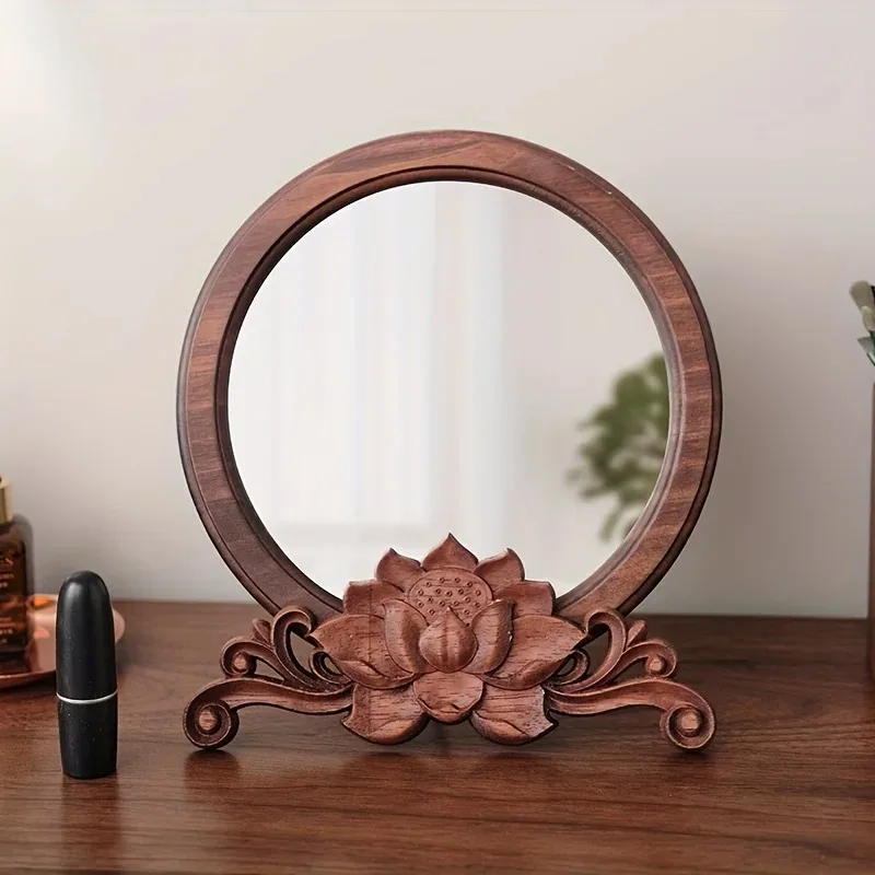 Vintage Wooden Round Table Vanity Mirror Chinese Style Desktop Makeup Mirror Wood Decor Mirror for Wedding Bedroom Decoration