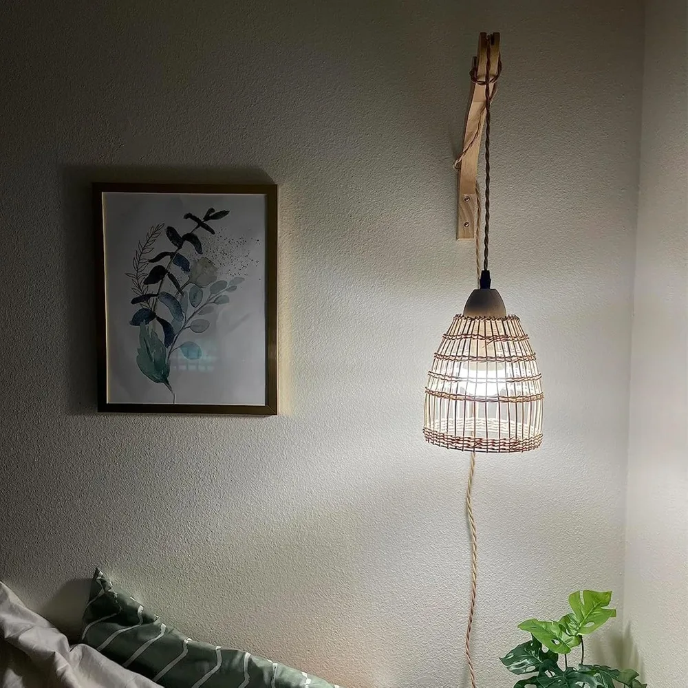 

Rattan Wall Lamp with Plug in Cord Hand Woven Sconces Paper Rope Wall Light Farmhouse Wall Mounted Light for Bedroom Living Room