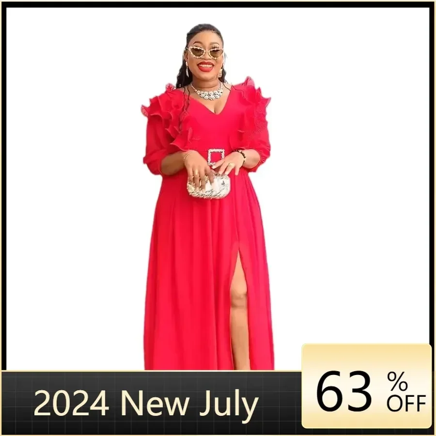 

African Party Evening Wedding Dresses for Women 2024 Summer V-neck Polyester 3/4 Sleeve Long Maxi Dress Gowns Africa Clothing