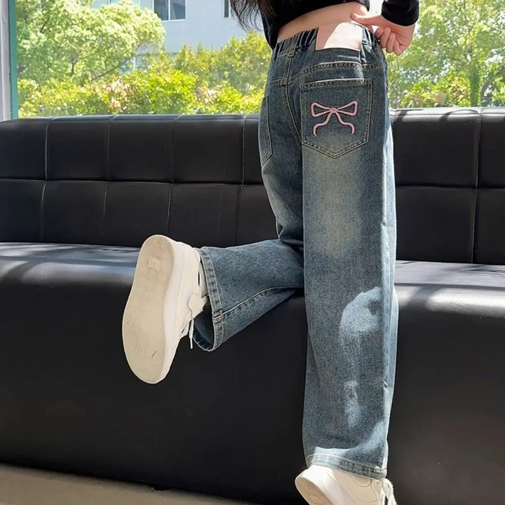 Jean Harajuku à nœud papillon pour enfants, droit, ample, Y2K, jambes larges, taille haute, pantalon en Denim pour petites filles, cadeau pour filles