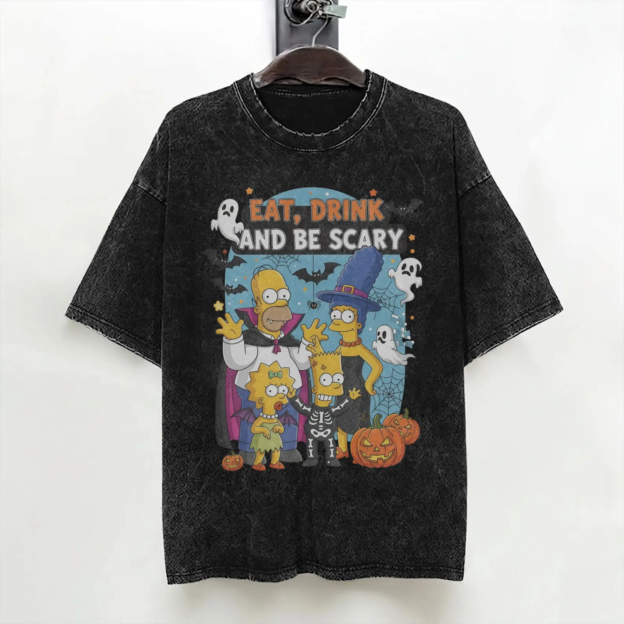 Cartoon S-Simpsons Halloween T Shirts Washed Short Sleeve Oversize T-Shirt  Novelty Men Women Streetwear Printed Tees