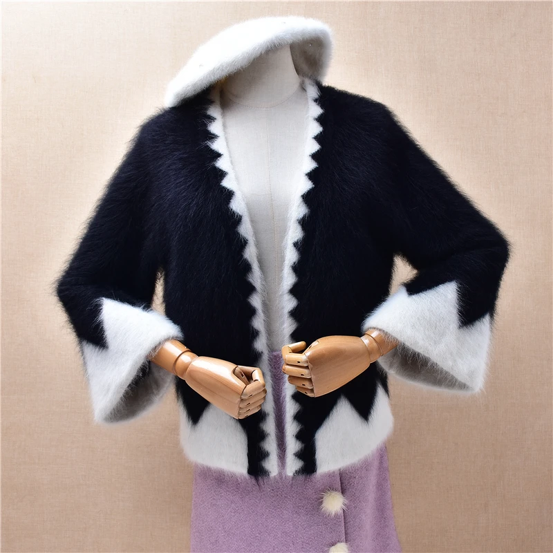

Ladies Women Autumn Winter Fashion Black Colored Mink Cashmere Knitted Three Quarter Sleeves Cardigans Angora Fur Sweater Mantle