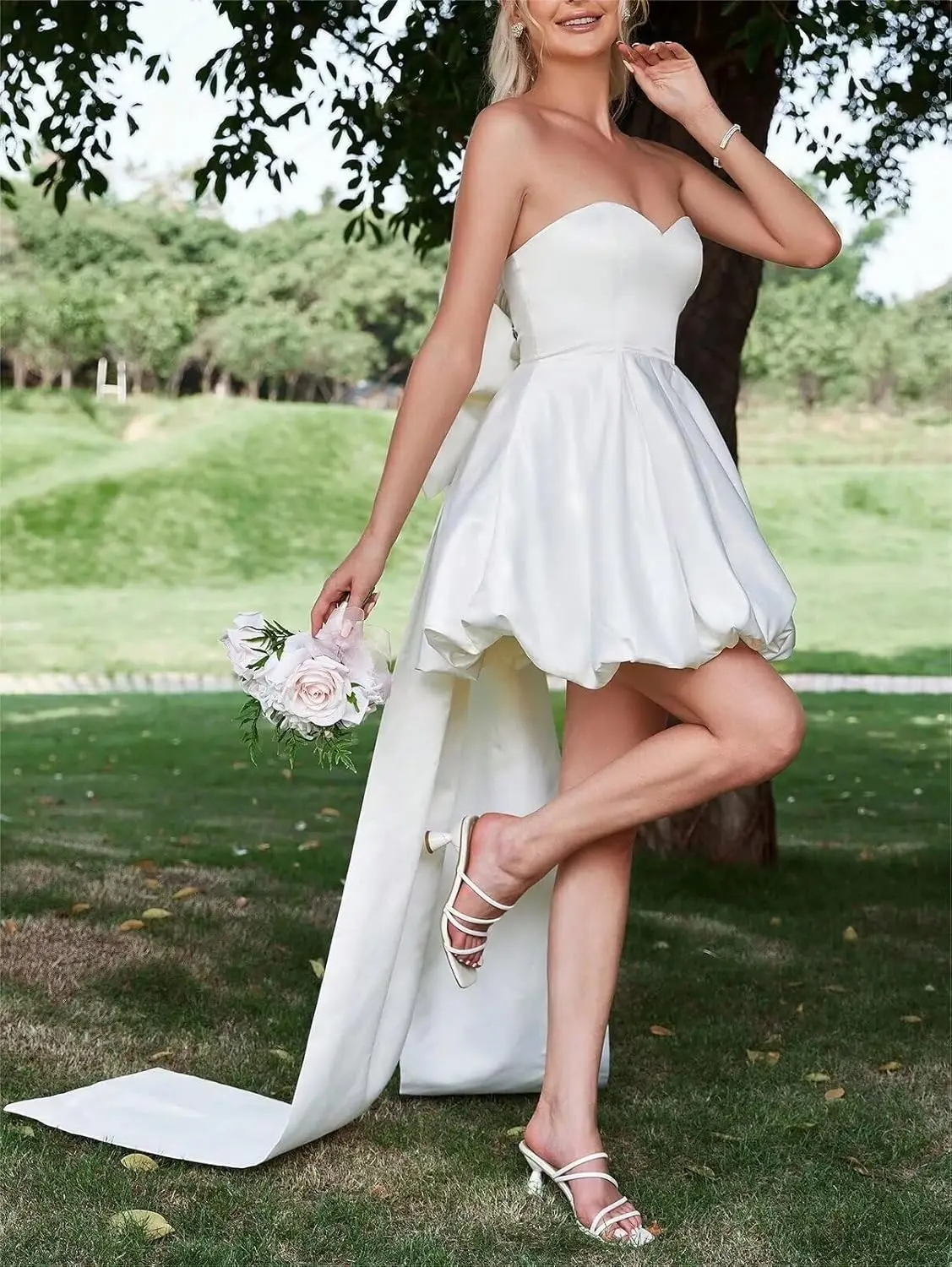 Gonna gonfia senza spalline in raso, con fiocco grande sul retro, abito da ballo per feste, abito da fidanzamento, abito da sera formale, strascico con fiocco