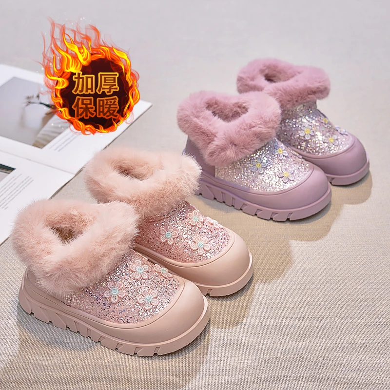 Sweet Girls Boots with Glossy Embroidered Slip on Anti Slip Cold Resistant and Warm Fashionable Winter Snow Boots De Mujer