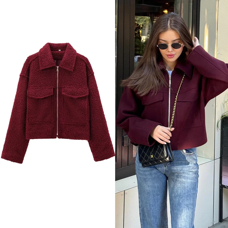 TRAF Women 2024 Outerwears Fleece Tweed Jacket Women Coat Autumn Winter Suede Demi-season Jackets for Women New in Coats