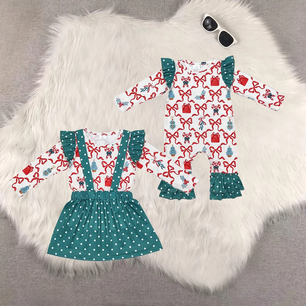 

GLD0617 Wholesale Summer kids clothes girl Christmas bow Long Sleeve skirt Pants Set Boutique toddler girls clothes romper