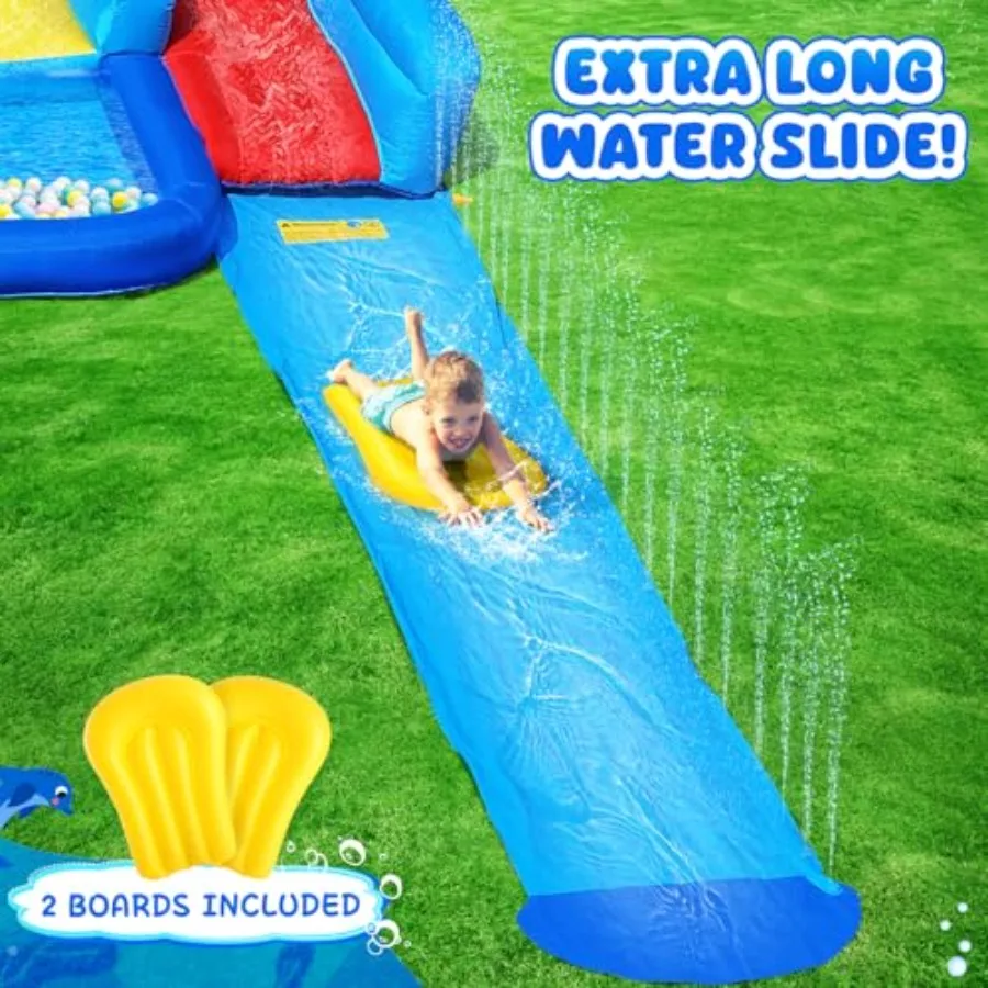 Water Bounce House for 3-10 PVC Material Blue and Yellow Extra Large Double Slide with Ball Pit Climbing Wall Swim Pool 550W Bl