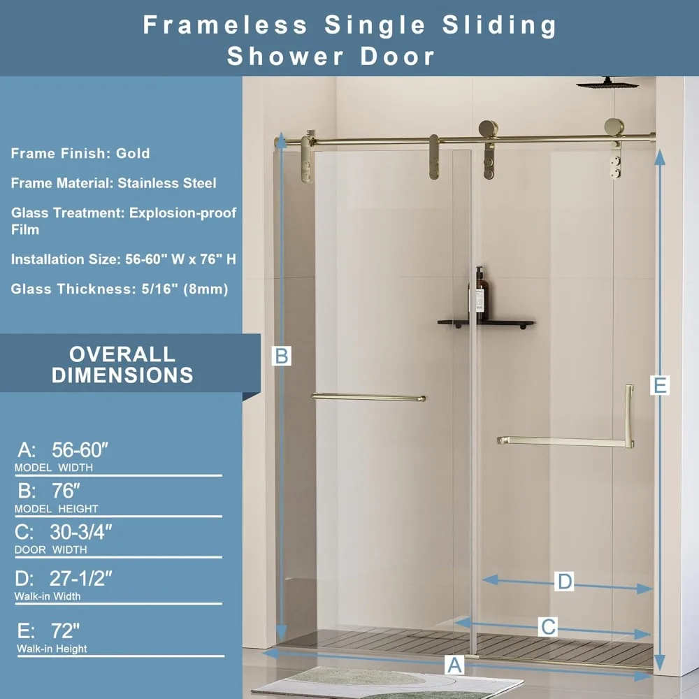 56-60 in. W X 76 in. H Frameless Shower Door, Single Sliding Shower Door, 5/16