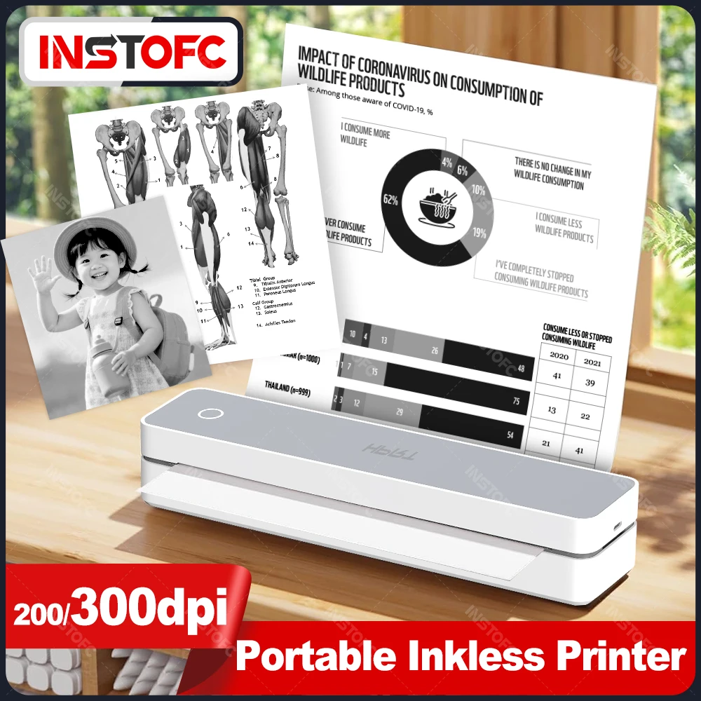 300dpi Portable A4 Thermal Printer Bluetooth Wireless Mobile Use Device Support Official Home School Picture Photo PDF Print