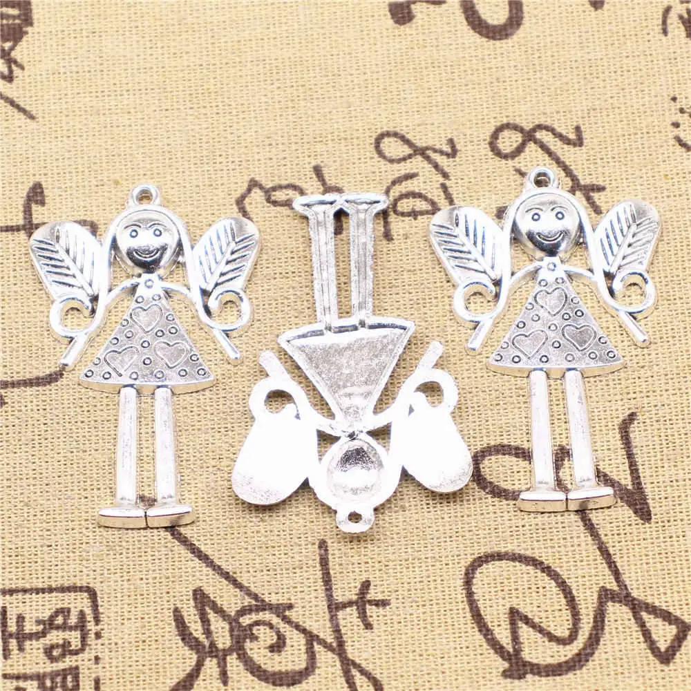 Girl Angel Pendants Woman Pendant Crafts Accessories Handmade Jewerly 38x58mm 2pcs Antique Silver Color