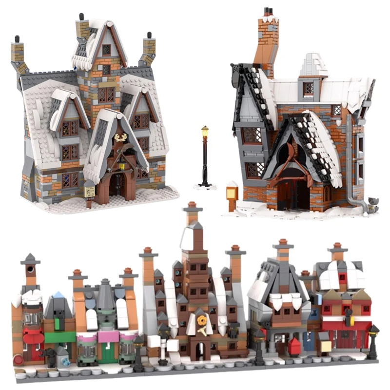 

Magical Winter Snow Scenery Architecture Broom Bar Building Blocks MOC Hogsmeaded Village Street View Model DIY Kids Toys Gift