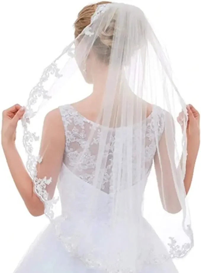 Bridal Veil Fingertip Length 1 Tier Floral Embroider Lace Edge Wedding Veil with Comb