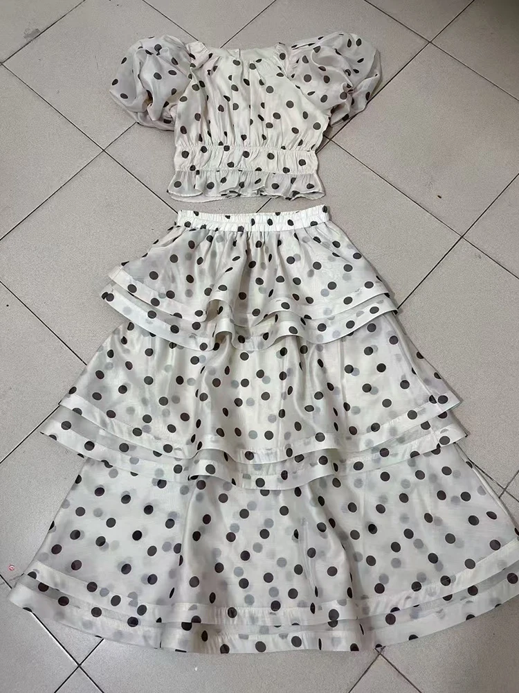 Retro polka dot print esticado-cintura camisa curta conjunto de duas peças para o verão 2025 roupas femininas + multi-camadas saia solta conjunto