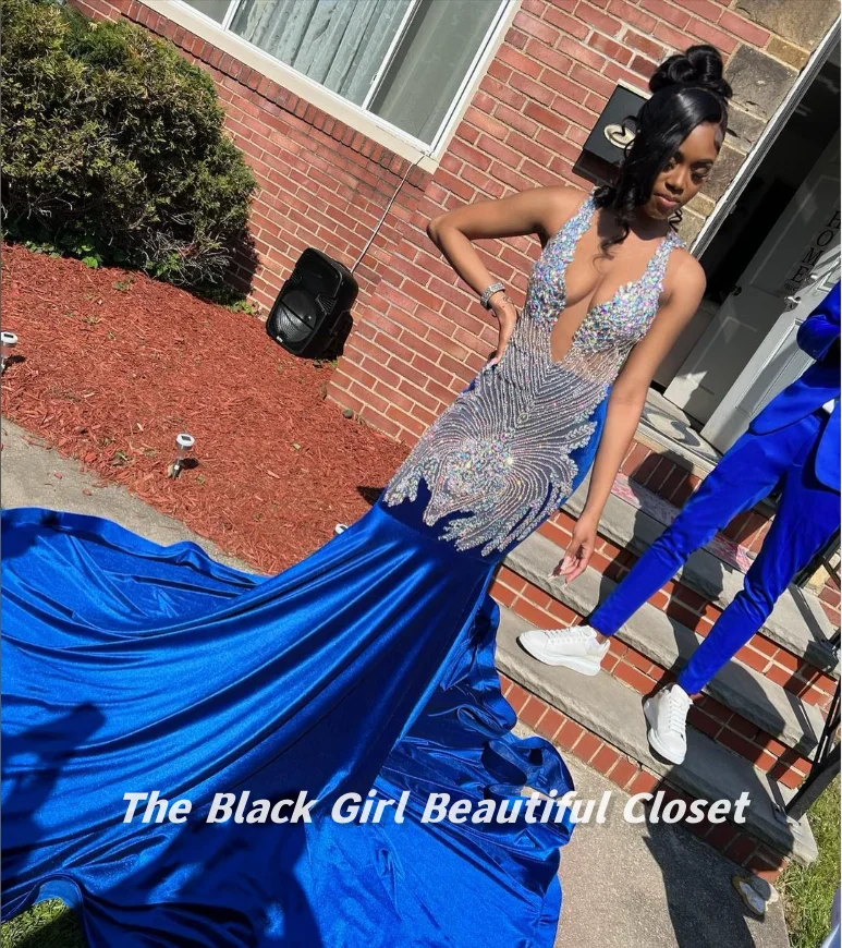 High Luxury Deep Blue Evening Gowns Black Girls Deep v Fishtail Hem Dresses Glitter Diamonds Beaded Sequins Sexy Prom Dresses