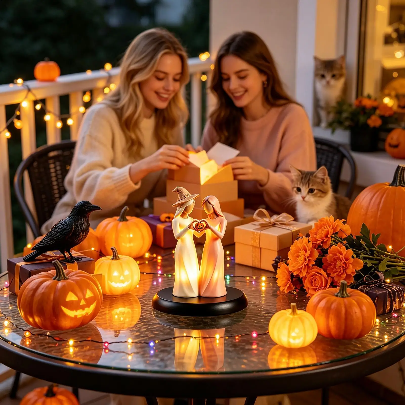 Friendship Statue Desktop Resin Halloween Decor With LED Light Friendships Sisters Sculpture For Halloween Home Fall Birthday