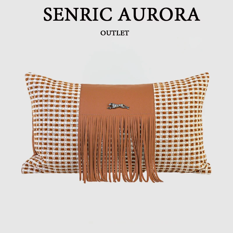 Design Luxury Cushion Cover 45x45 30x50cm Orange Leather Spliced Waist Pillowcase For Home Hotel Bed Living Room Sofa