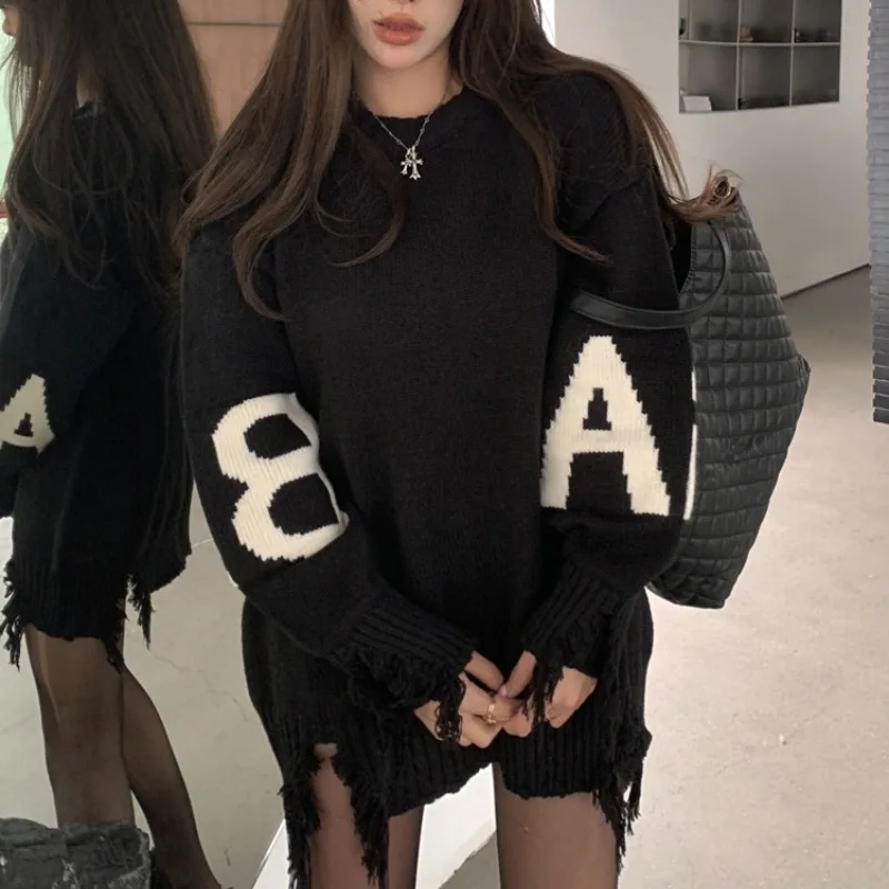 Women Autumn Winter Print Letter Full Sleeve Tops Sweaters Round Neck Knitted Pullovers Loose Casual Regular Jumpers 2023