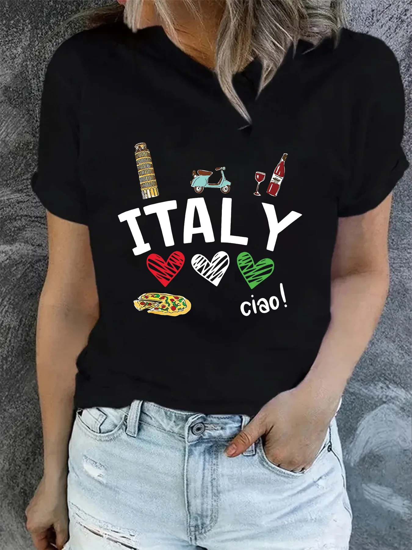 Women Summer Original Bestselling Fashion Tops Round Neck Short Sleeves Italian Creative Heart shaped Flag Graphic T-Shirt