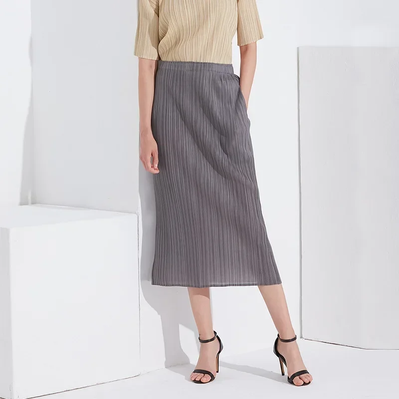 2024 Summer Japanese Women's Clothing Slimming Comfortable pleated skirt Half skirt Miyake Solid color Straight tube Half skirt