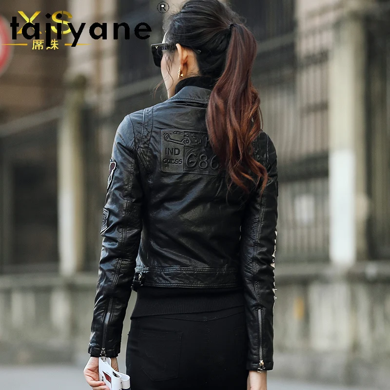 Tajiyane-jaqueta de couro real feminina, casaco de pele de carneiro, estilo curto, jaqueta de motocicleta, roupas slim fit