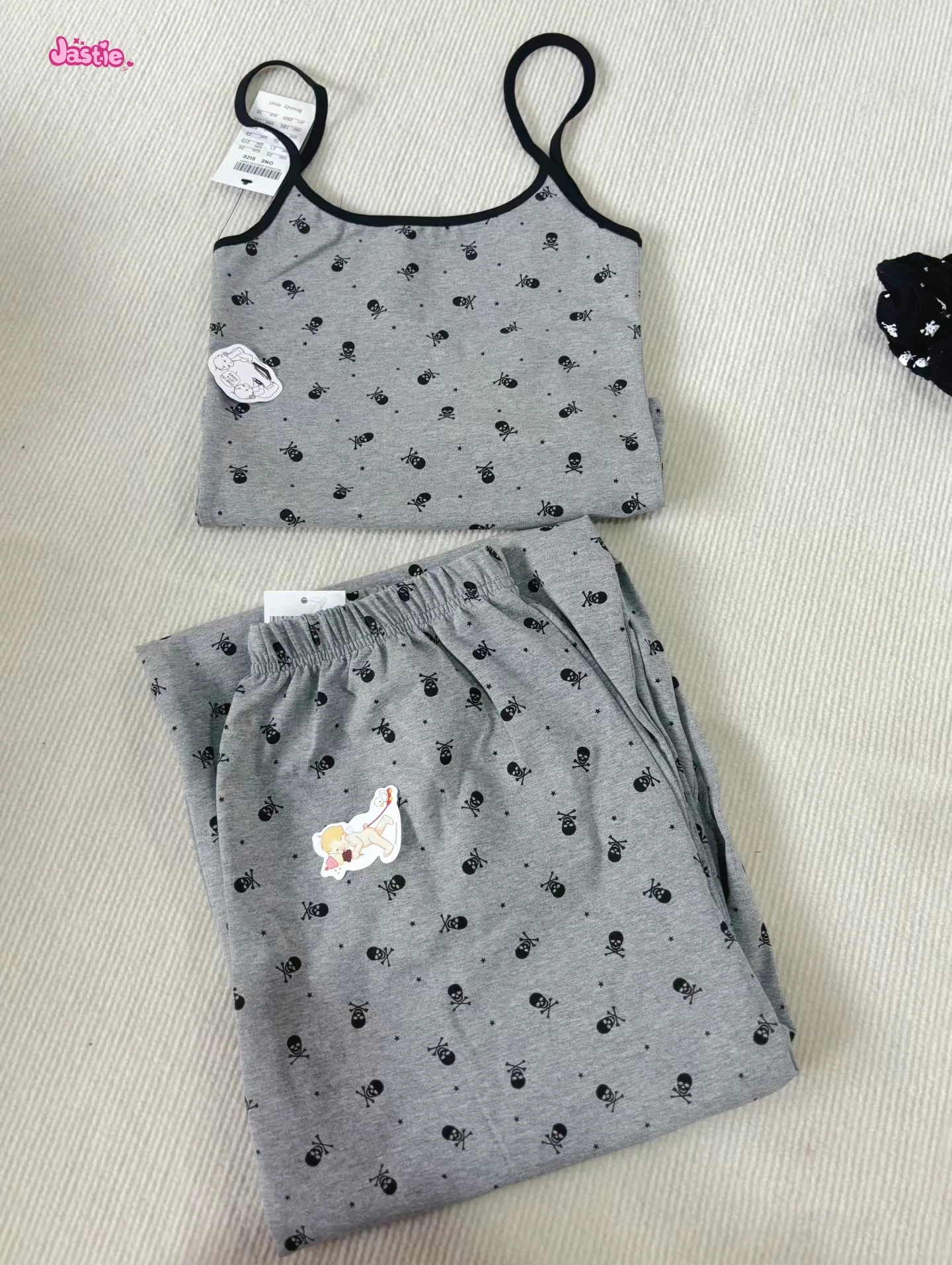 

Grey Skull Print Tank Camis + Straight Pant Set Two Piece Set For Women Retro Y2K Summer Vest 2024 New Home Casual Female Suit