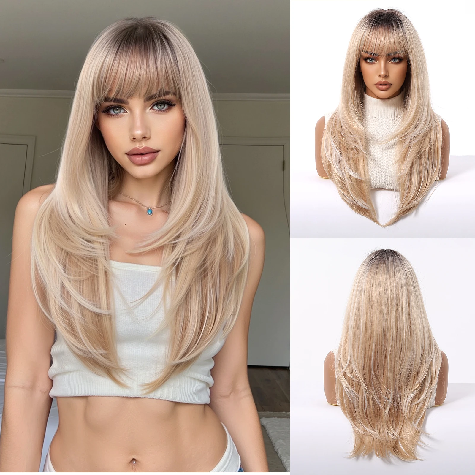 EASIHAIR Lange blonde synthetische Perücken für Frauen, gerade, geschichtete Naturhaar-Perücken mit Pony, hitzebeständige Perücken für den täglichen Gebrauch – Detail 9