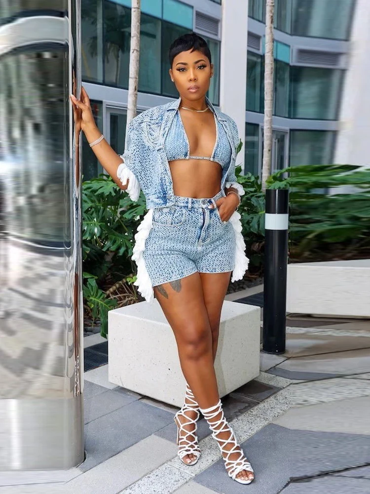 Set 3 Pieces Woman Summer Halter Vest Ladies Blouse and Shorts Set Sexy Denim Jean Outfit Sets Women Wholesale Dropshipping