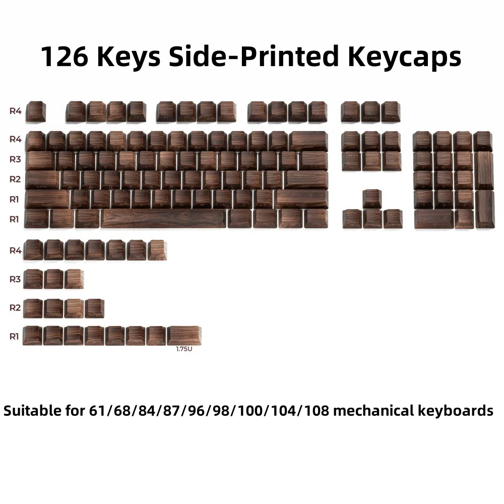 126 Keys Walnut Wood Grain Shine Through Keycaps Dye Side Print PBT Keycaps Cherry Profile for Cherry Gateron MX Switch Keyboard