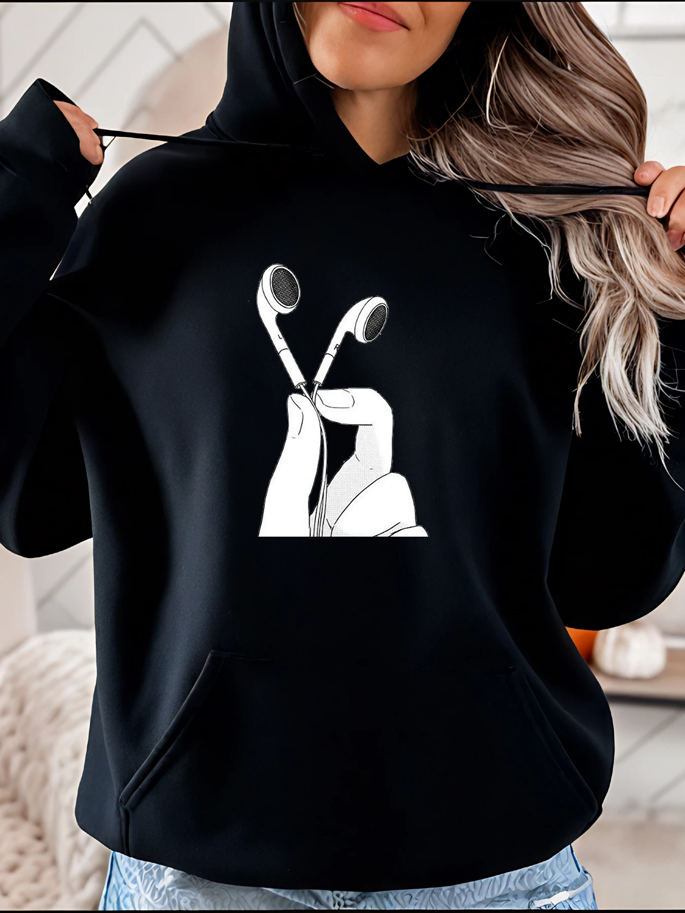 

Женская толстовка с капюшоном и наушниками с ручным принтом, повседневная уличная модная толстовка 280