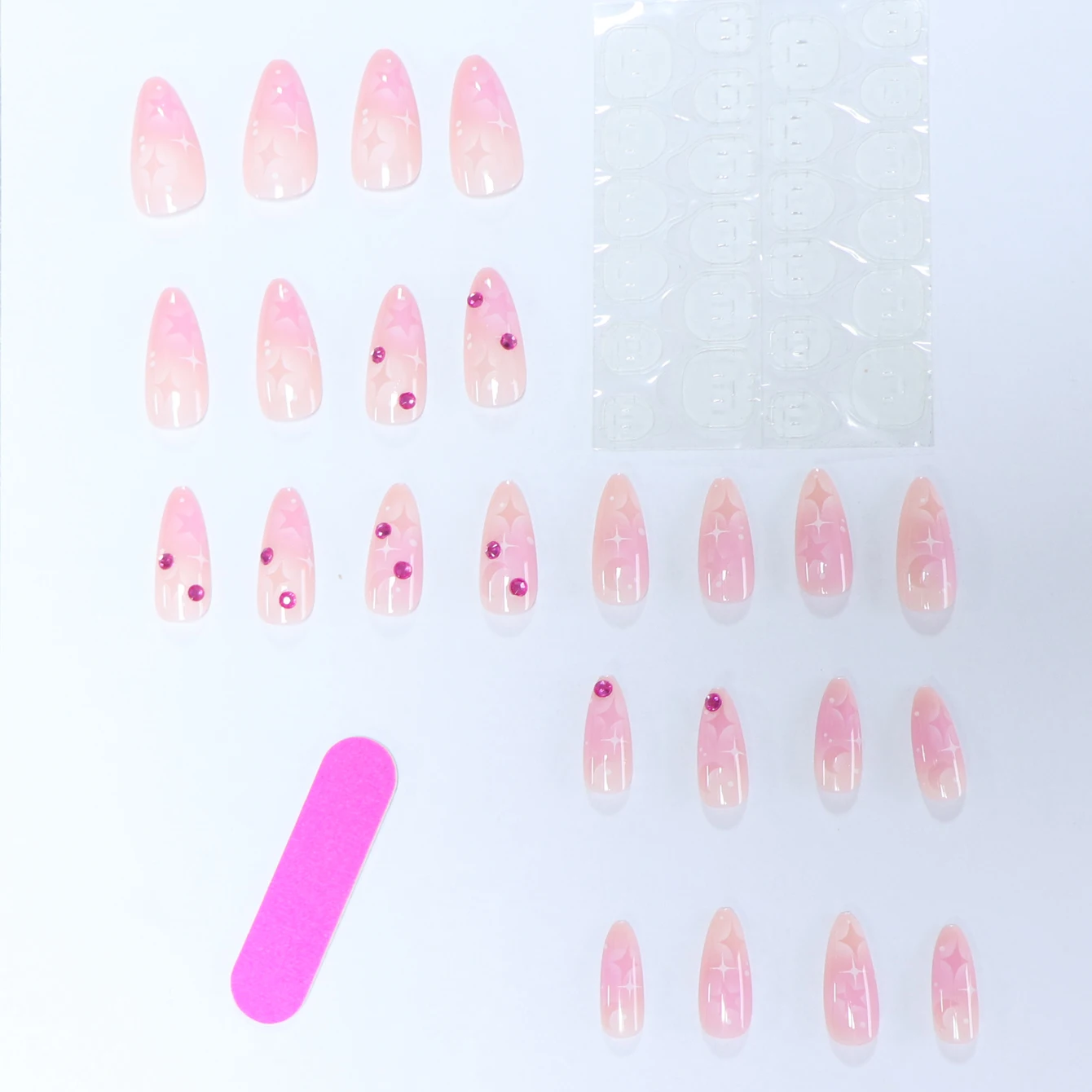 Upgrade Your Look With 24pcs Pink Medium Long Almond  Five-pointed star, the moon Full Cover Fake Nail Set Shiny red rhinestones