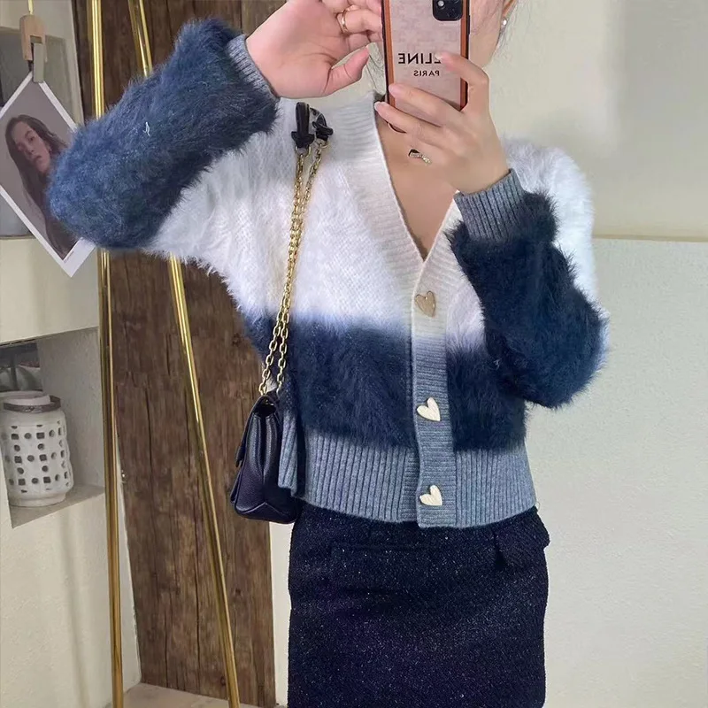 Autumn And Winter Lazy Feng Shui Mink Fur Short Sweater Jacket Women's New Loose Gradient Color Soft Glutinous V-Neck Knitted