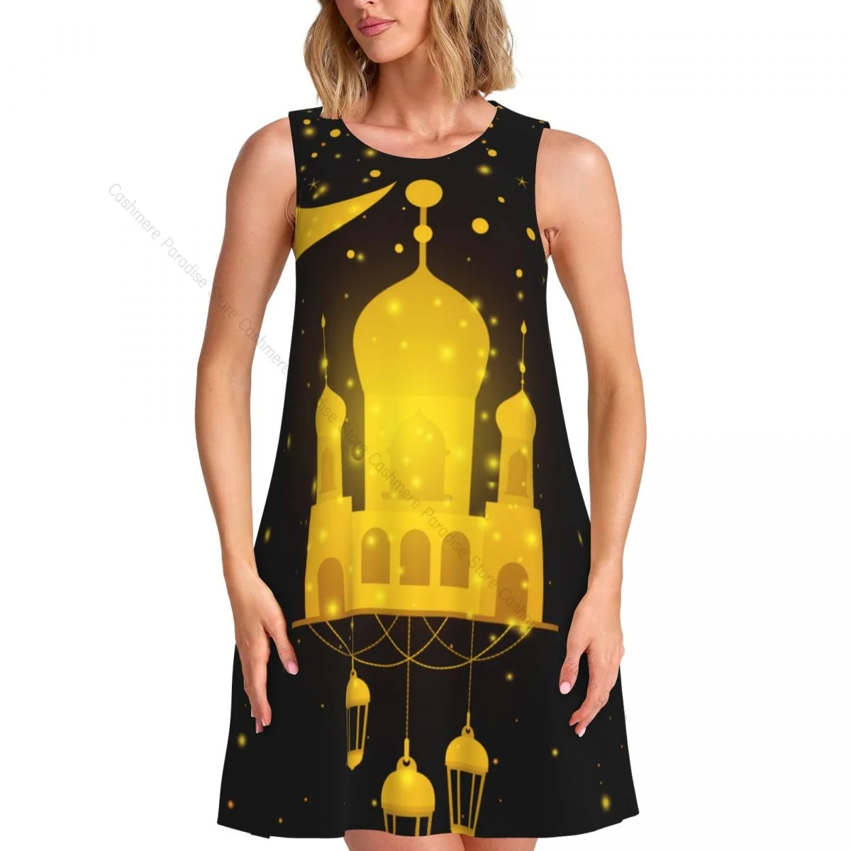 ชุดสตรี MubarakTemple Facade กับดวงจันทร์ฤดูร้อน Casual T เสื้อชุดชายหาด COVER UP Tank Dress