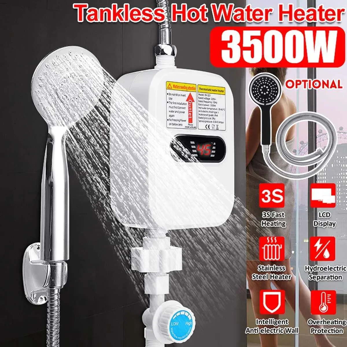 3500w mini aquecedor de água elétrico quente tankless torneira do banheiro doméstico com cabeça chuveiro display lcd temperatura ac220v