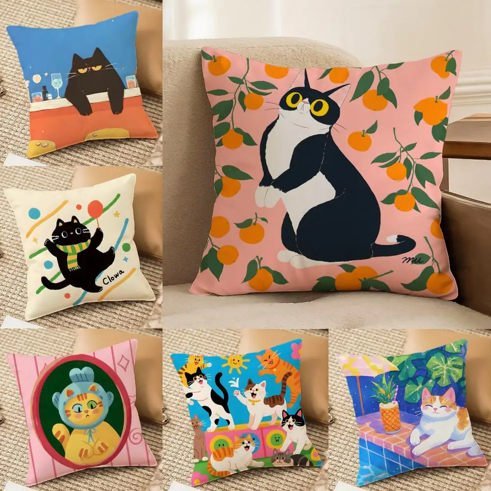 Niedliche Katzenillustrationen, Kissenbezug, seidig, elegant, bequem, für Sofa, Bett, unsichtbarer Reißverschluss, Strandkissenbezug