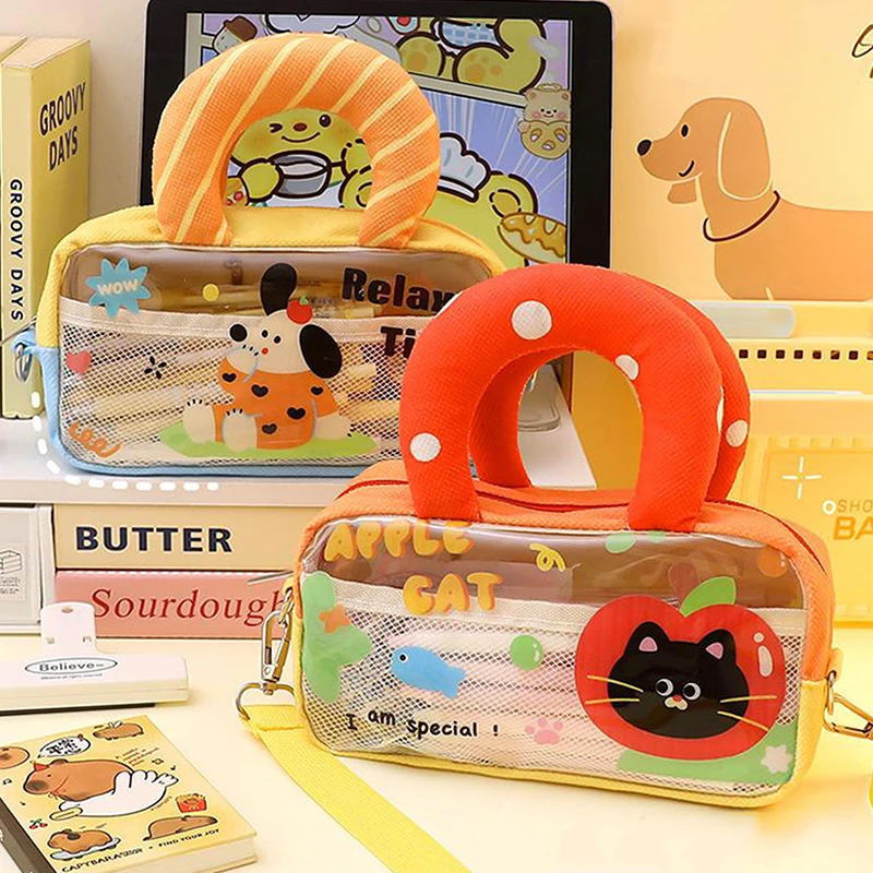 Kawaii Pencil Case Large Capacity Pen Bag With Handle Transparent Stationery Organizer Multifunctional Storage Bag Gifts