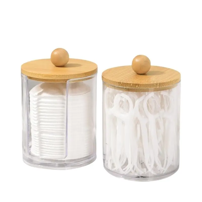 Wattestäbchen-Organizer mit Bambusdeckeln, durchsichtiges Apothekerglas aus Kunststoff für die Aufbewahrung von Kosmetikartikeln auf dem Schminktisch – Detail 6