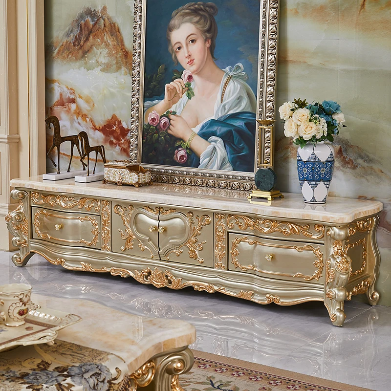 

Комбинация журнального столика и тумбы под телевизор из мрамора и массива дерева с резьбой и золотой росписью для роскошной виллы, длинный чайный столик-тумба для гостиной