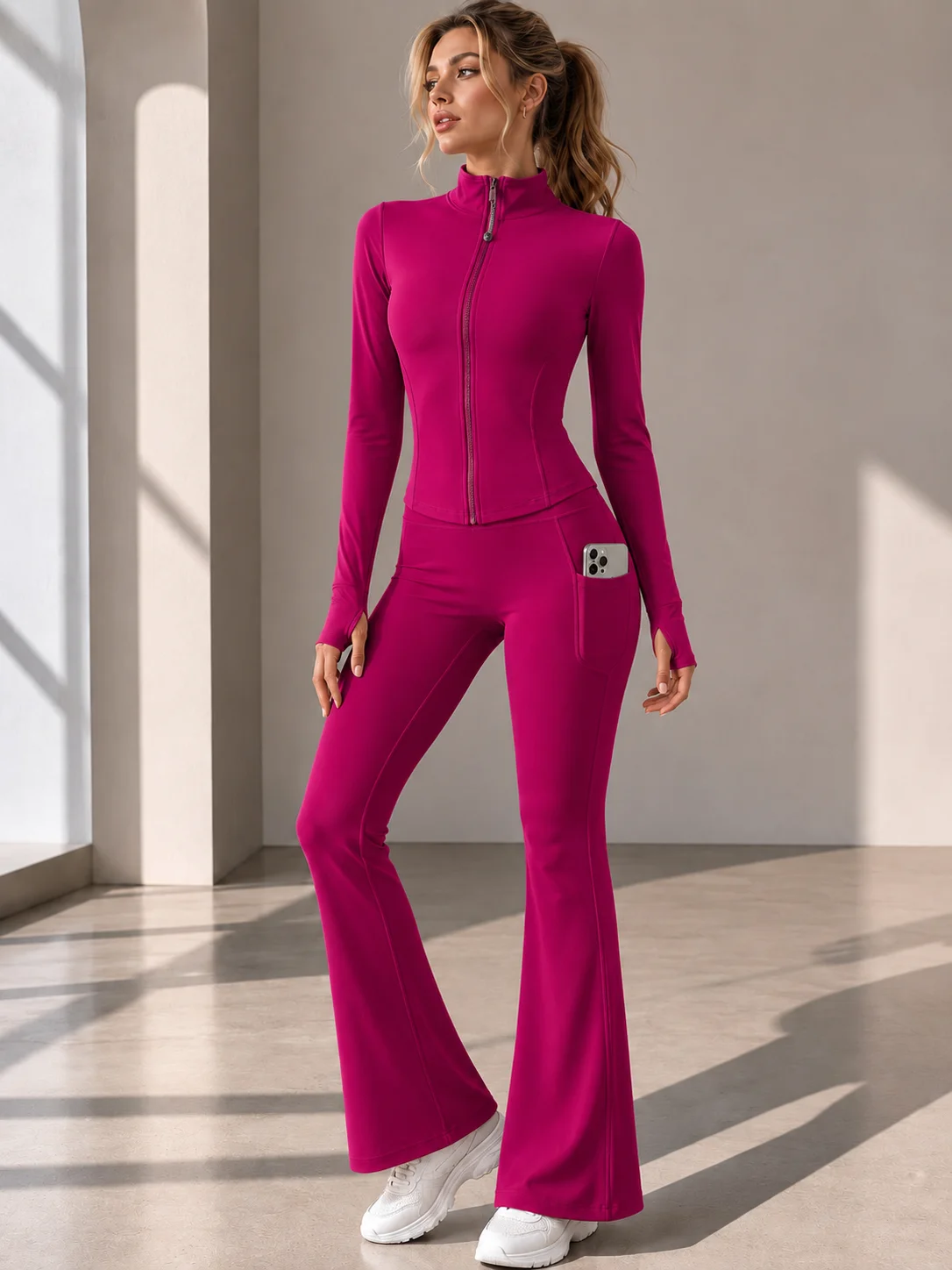Polyester Spandex Women Yoga 2Pcs Suit Zip Slim Jacket High Waist Flare Pants Pocket Gym Workout Running Sportswear