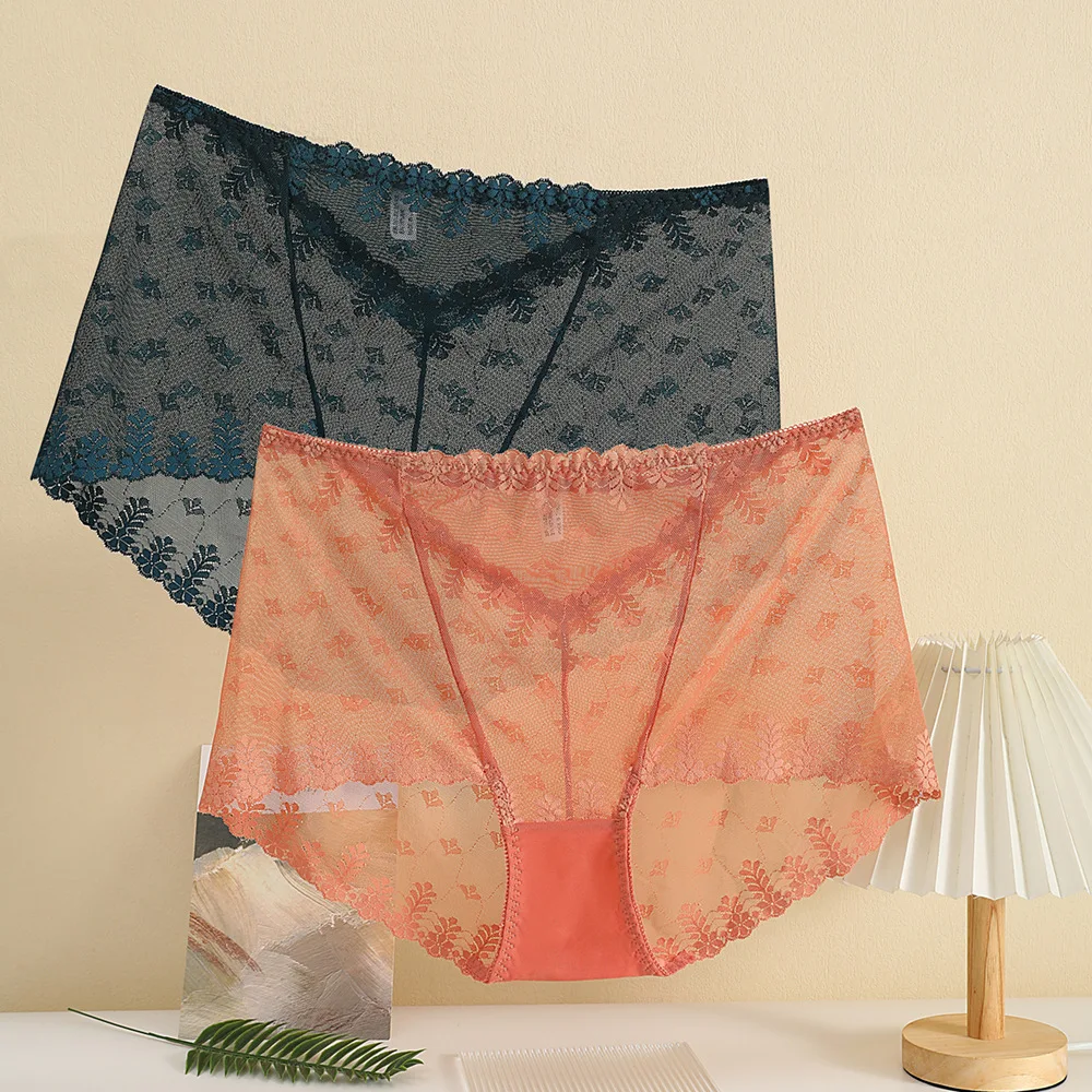 Celana Dalam Wanita Ukuran Besar 2XL Cepat Kering, Seksi Berenda, Pinggang Tinggi Tipis Elastis Jaring Transparan Bahan Sutra Es