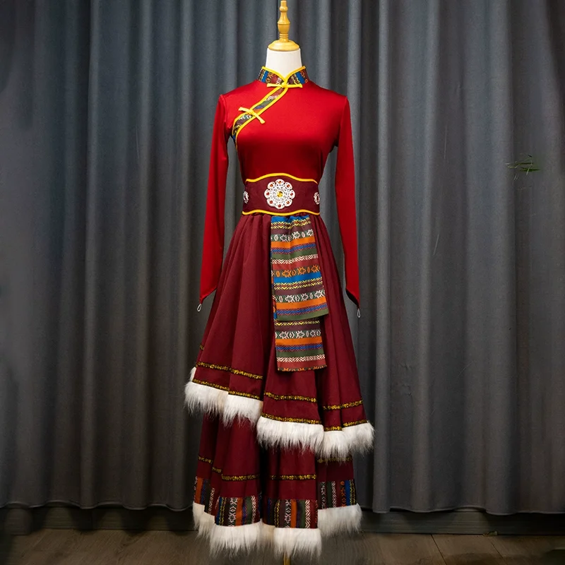 Strój do tańca tybetańskiego, dwuwarstwowa duża spódnica, chiński styl, etniczny strój do ćwiczeń tańca mongolskiego.