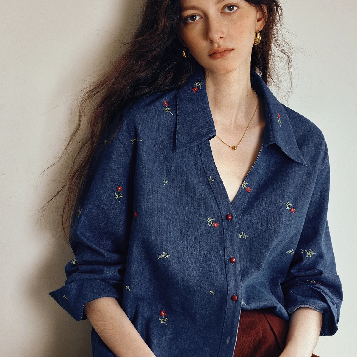 OLrain Women's Denim Shirt Jacket 2026 Spring Vintage Floral 3d Embroider Long Sleeve Ladies Loose Denim Tops Woman O57QC001682